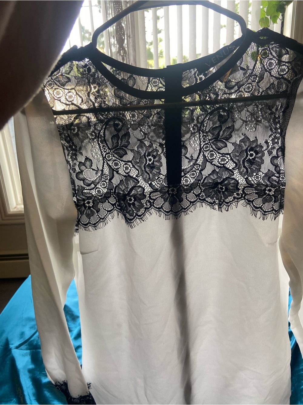 VENUS White Long-Sleeve Blouse with Black Lace Yoke